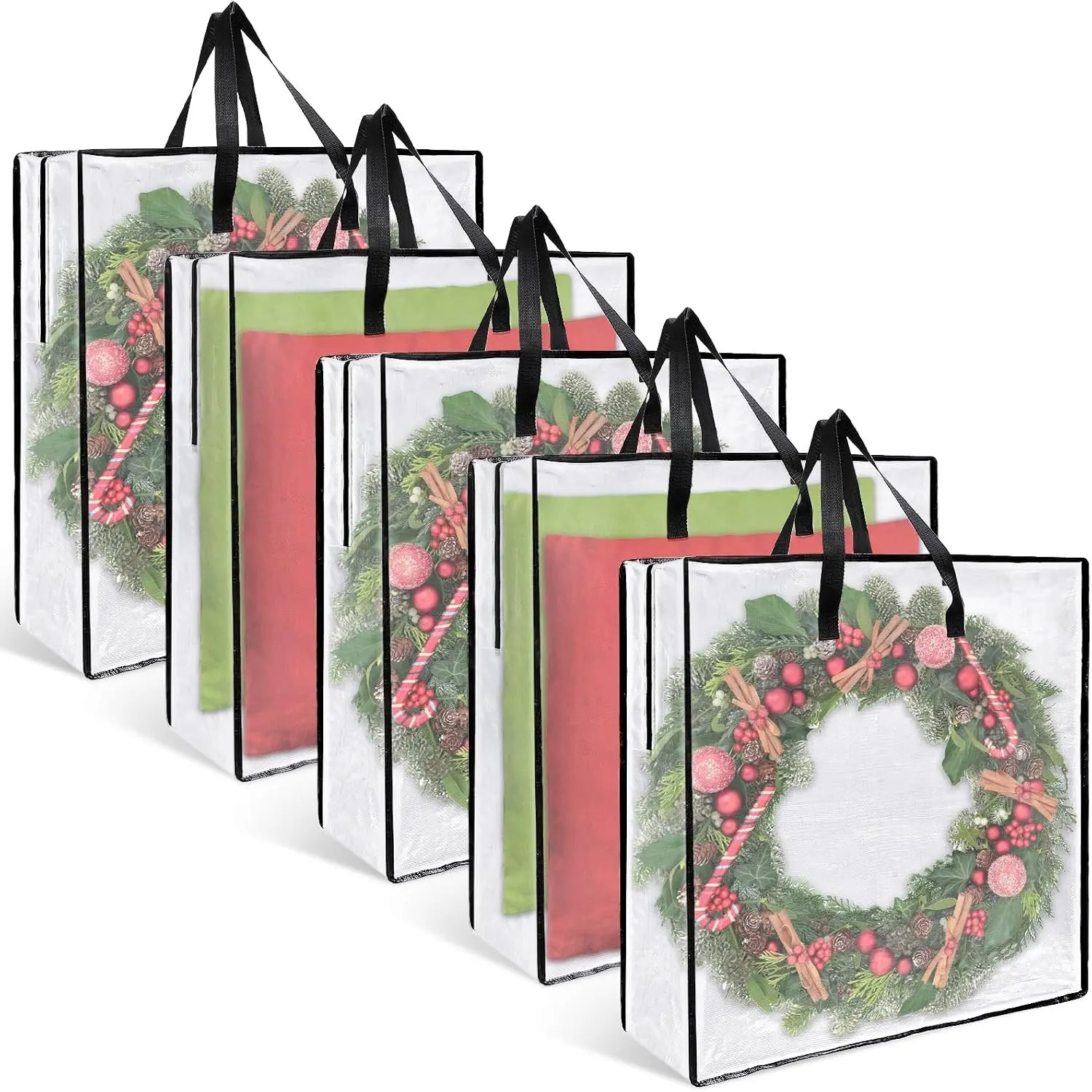 5-Pack Square Wreath Storage Zippered Bags (25.6 in) - Plastic Garland & Christmas Organizers with Handles for Preserving Decor, Five Pack