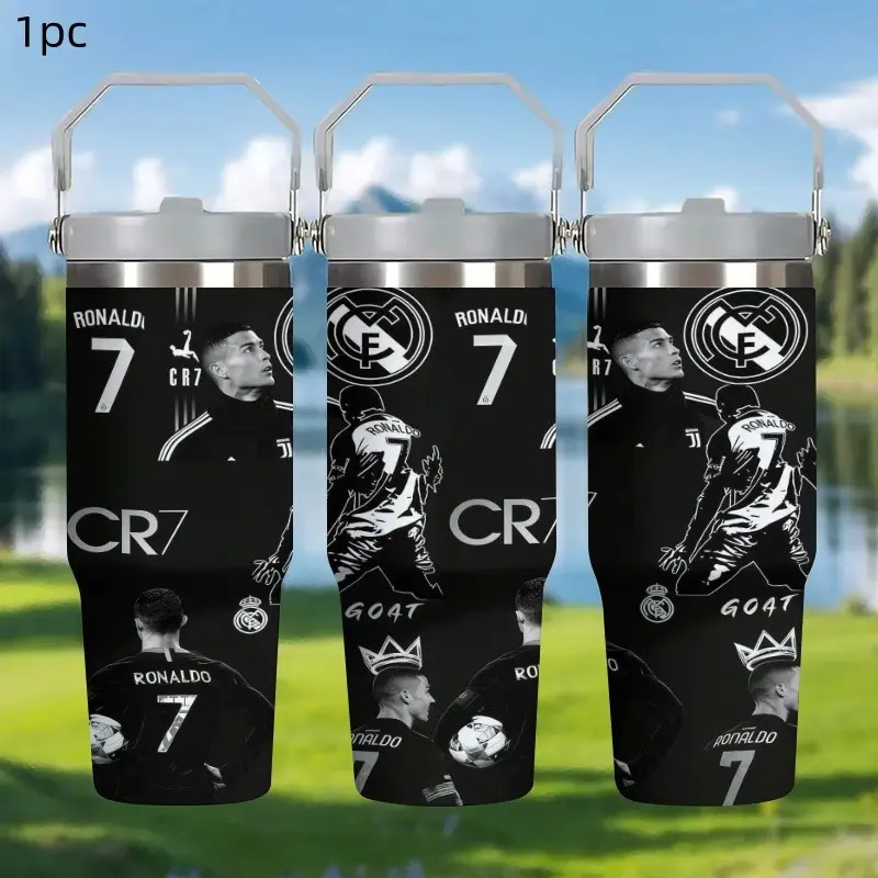 1pc 30oz CR7 Cristiano Ronaldo Real Madrid Stainless Steel Insulated Tumbler With Handle Football Fan Sports Water Bottle