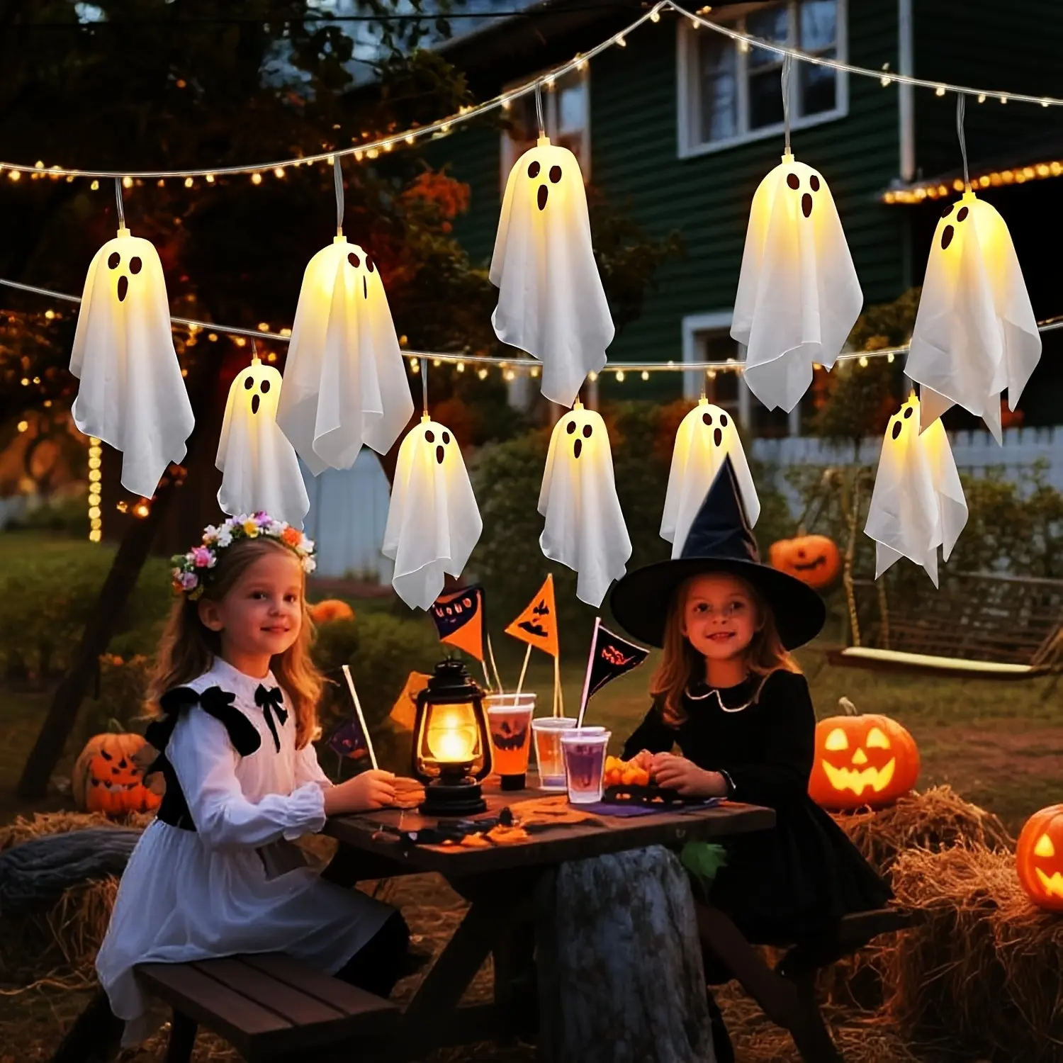Spooky LED Ghost String Lights, Battery-Operated Garland Decoration for Mantel, Porch, Window, Halloween Parties, Creepy Decor for Horror Fans