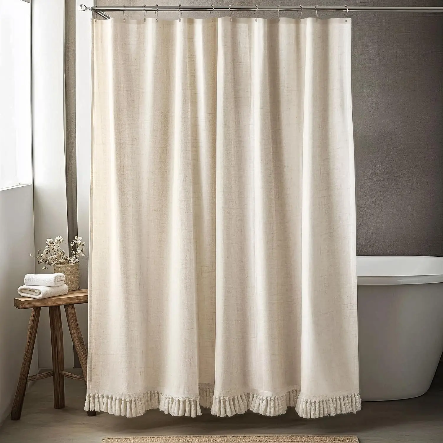 Extra Long Shower Curtains 72 x 84 Inches Natural Linen Shower Curtain with Tassels, Country Boho Farmhouse Bath Decor Beige Shower Curtains for Bathroom Neutral Fabric Bath Curtain