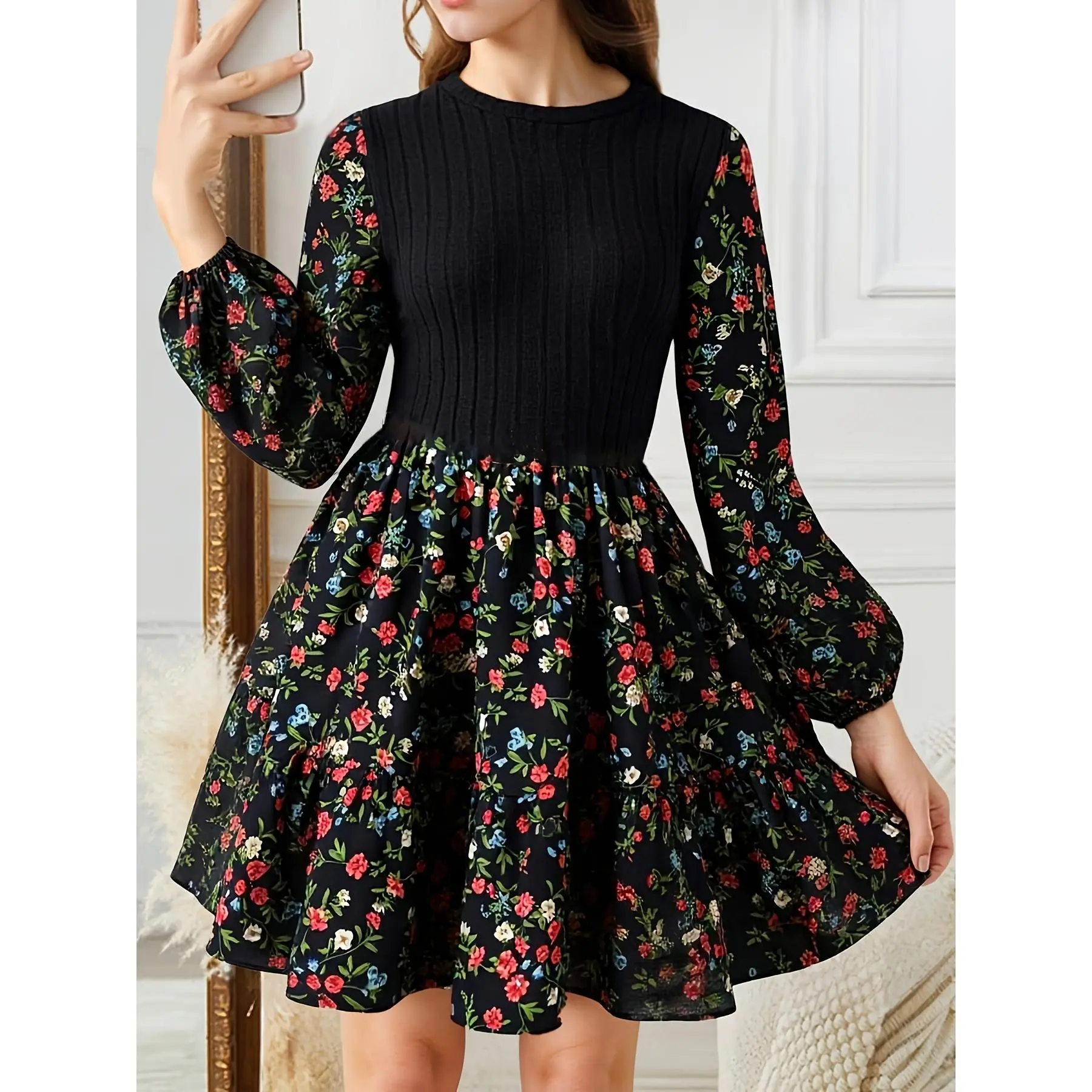 Elegant floral print waist-cinching A-line long-sleeve black dress for older children, vintage casual country style, suitable for teenage girls with a round neck