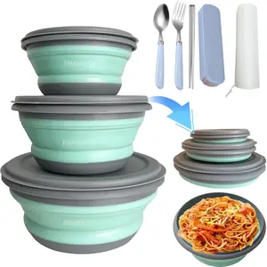 Collapsible Camping Bowl with Lid, Silicone Salad Bowl Serving, Microwave Foldable Soup Ramen Serving for Travel, Picnic, Rv(Blue)