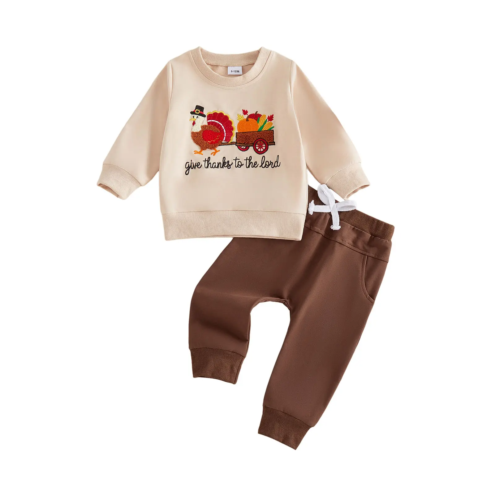 Toddler Baby Little Boy Thanksgiving Outfit Turkeys Pumpkins Embroidery Sweatshirt and Jogger Pants Fall Winter 0-3 Years
