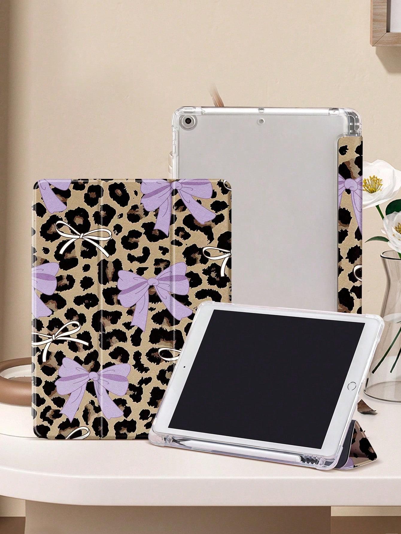 Leopard Bow IPad tablet Case, Compatible with Ipad 10th gen,ipad Mini 4/5/6/7, 2024 air 11inch, 11th 2025, 2019/2020/2021 10.2inch, air 5/6/7, and Samsung A7/A8/A9/S7/S8/S9, Automatic Wake Up/Sleep/built-in Pen Slot, Three-fold Protective Tablet Case