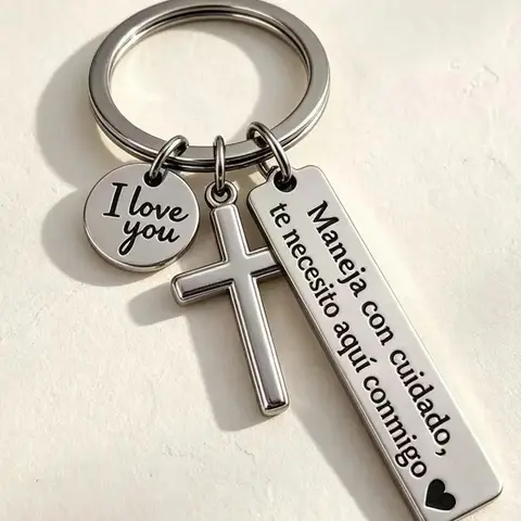 Maneja Con Cuidado Te Necesito Aquí Conmigo Keychain with Cross & "I Love You" Charm, Spanish Drive Safe Stainless Steel Keyring, Metal Keychain, Religious Gift for Him/Her