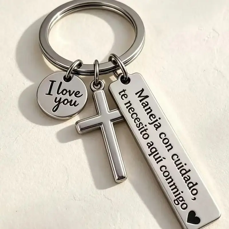 Maneja Con Cuidado Te Necesito Aquí Conmigo Keychain with Cross & "I Love You" Charm, Spanish Drive Safe Stainless Steel Keyring, Metal Keychain, Religious Gift for Him/Her
