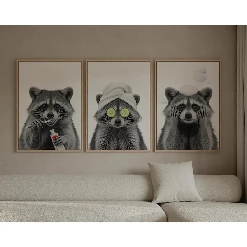 Funny Raccoon Set of Three Canvas Wall Art, Humorous Animal Print, Trash Panda Bathroom Wall Decor