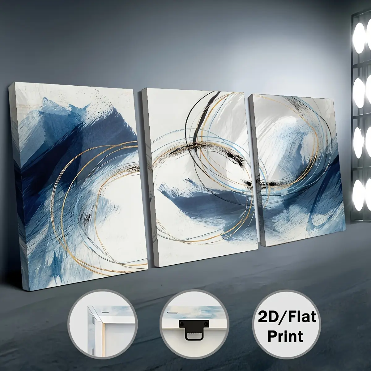2D Flat, 3pcs 2D/Flat print Framed canvas painting and poster, Ready to Hanging, Modern Abstract Geometric Golden Lines Blue Home Decor, Wall Art, Room Decor, Home Murals, Hd Printing, Ideal for Gifts, Living Room, Bedroom, Dining Room