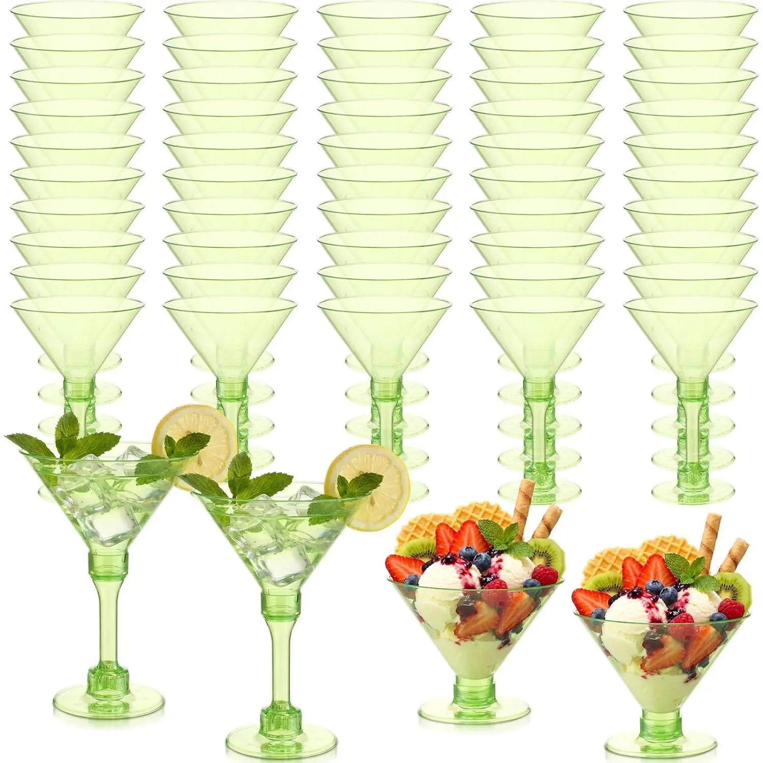 50 Pack Green Martini Glasses Plastic, 5 oz 2-in-1 Disposable  & Dessert Cups, Detachable Unbreakable Glassware for Spring Party, Wedding, Birthday, Bar, Garden, Outdoor