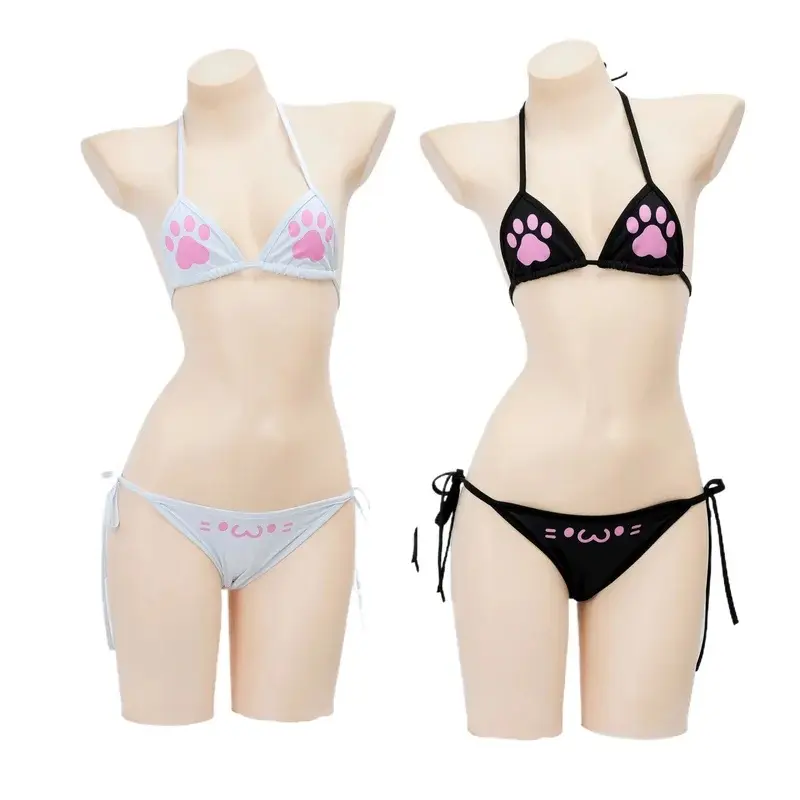 Women's Japanese Anime Kawaii Cat Paw Polyester One-Size Bathing Suit Set - Bandage Backless Beach Wear Bikini, Ideal for Beach Photography & Outdoor Sports