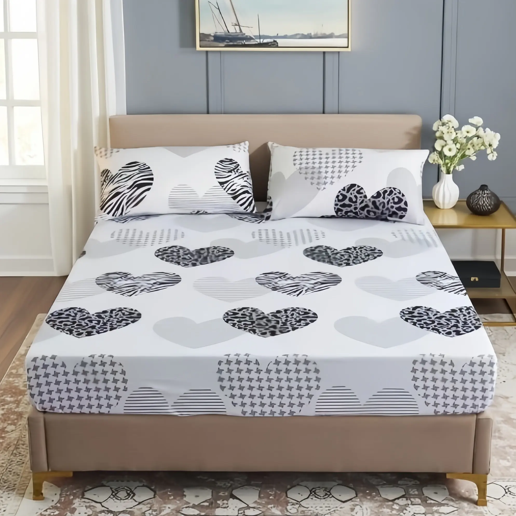 3pcs Heart Pattern Fitted Sheet Set, Festive Romantic Design, Includes 1 Fitted Sheet and 2 Pillowcases, Breathable &