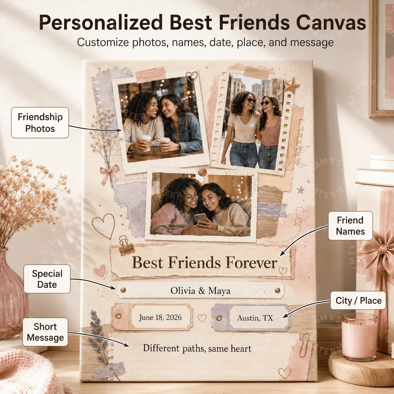 Personalized Best Friends Forever Multi Photo Collage Canvas Wall Art, Soft Blush Scrapbook Floral Custom Poster, Aesthetic Teen Bedroom Dorm Decor, Sentimental BFF Friendship Gift, Vintage Neutral Living Room Wall Art Custom Names Date City Print