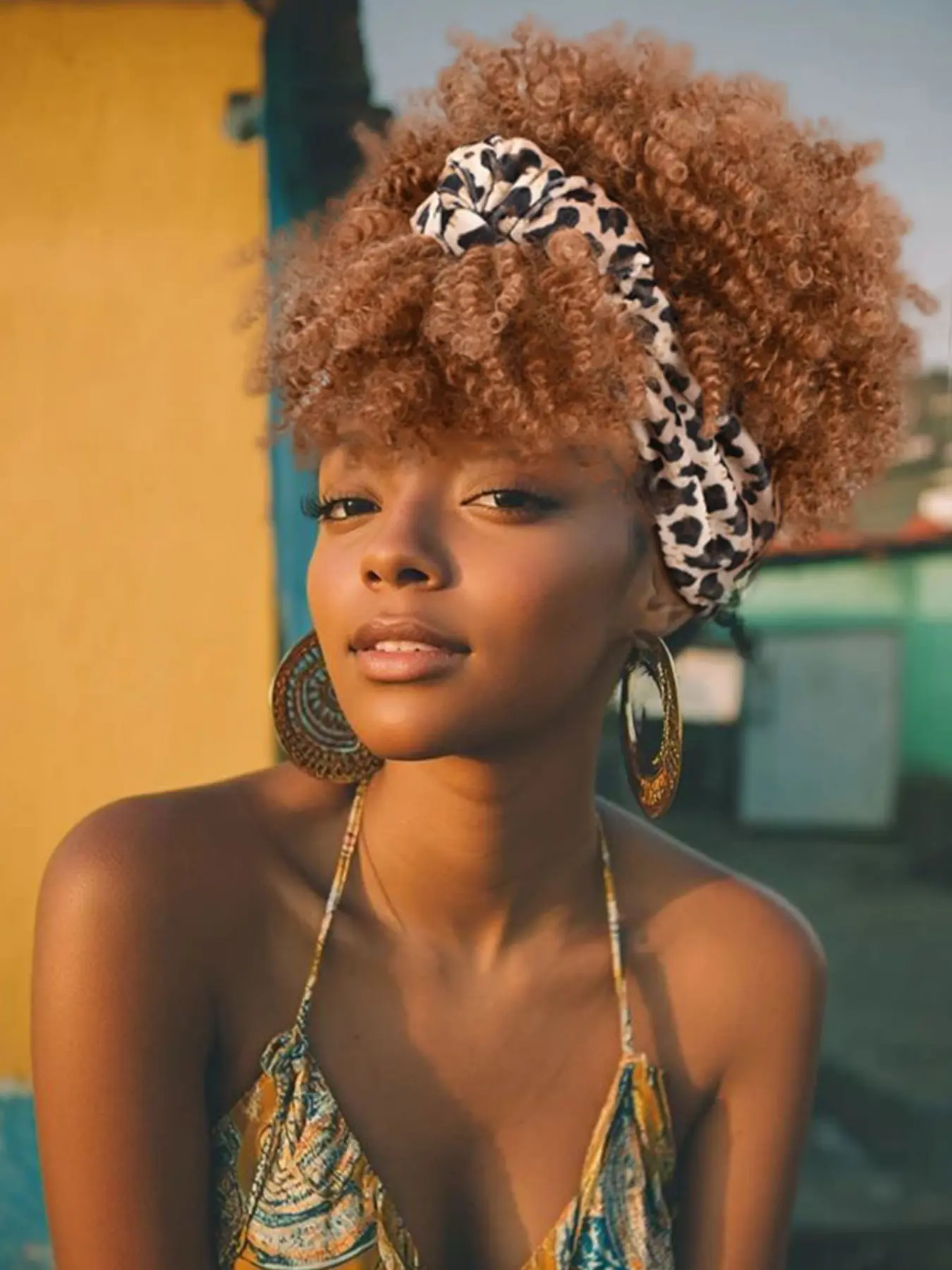 Light Brown Afro Kinky Curly Synthetic Headband Style Wig Leopard Print Knotted Turban Wig High Temperature Fiber Hair Wig For Women Daily Casual Wear
