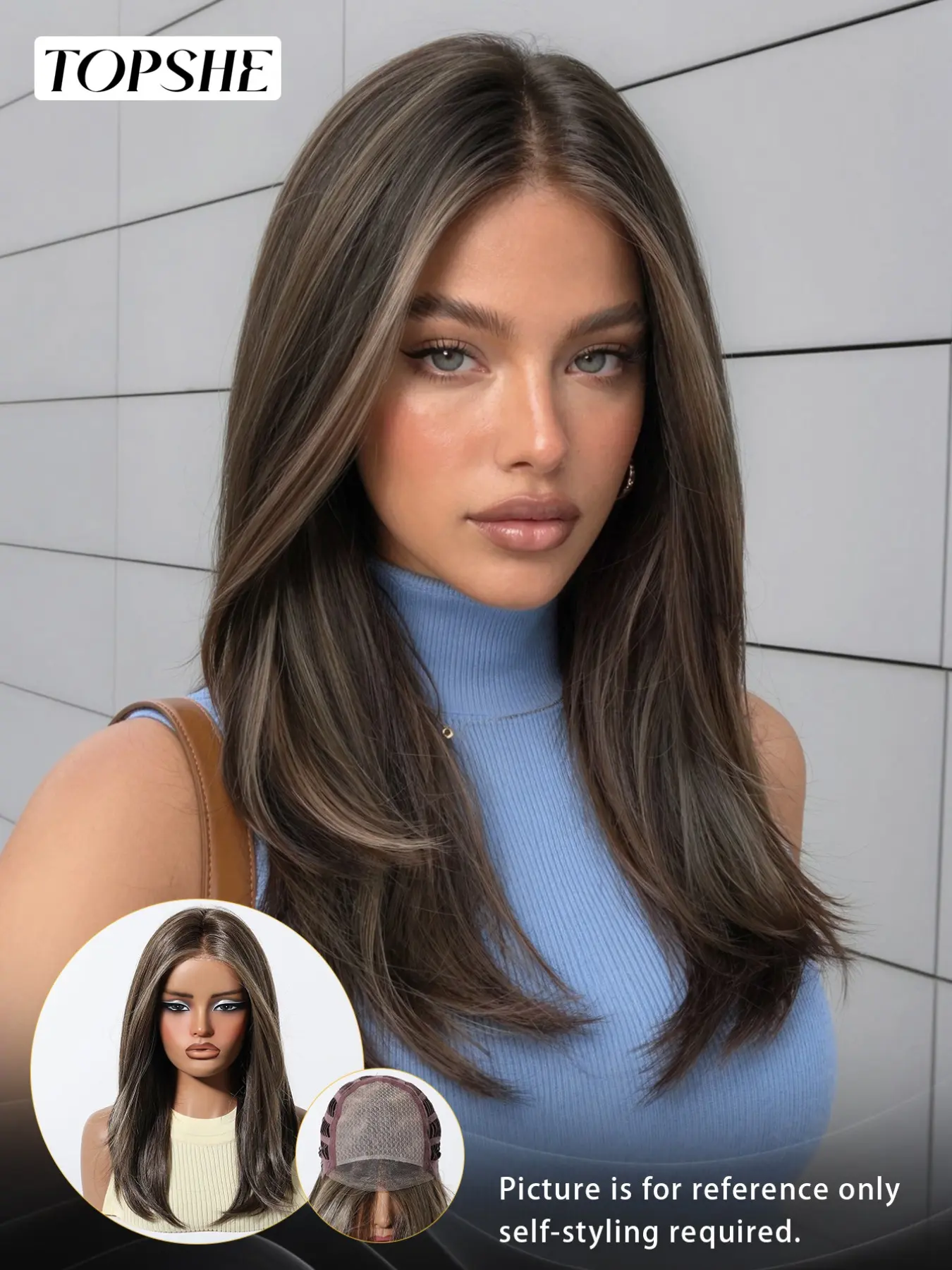 Topshe Transparent Lace Mono Base Layered Wig, Chestnut Brown with Blonde Balayage Highlight Straight Hair, Breathable Mono Net, Tangle-Free Heat Friendly Fiber, Lace Straight Wigs All Skin Tone Friendly