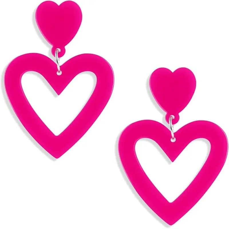 Hot Pink Heart Drop Earrings for Women, 2 Pcs Dangle Love Earrings for Parties and Daily Outfits