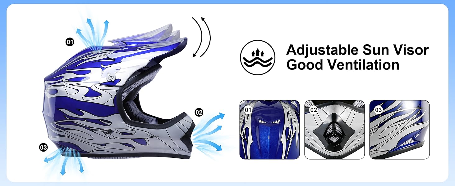 Youth Motocross Offroad Street Dirt Bike Helmet Youth Motorcycle ATV Helmet with Goggles Gloves Blue Flame M