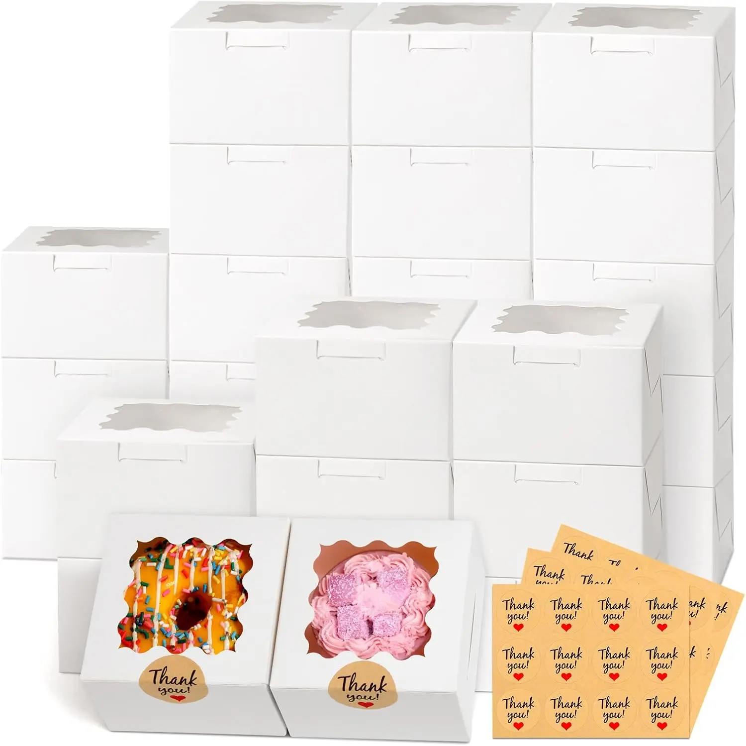 26 count White Cookie Boxes with Window, 4x4x2.5 Inches Small Bakery Boxes with 36 count Stickers, for Mini Cake Cookies  Dessert Pastry Donuts Macaroon Strawberries  Cupcakes Candy