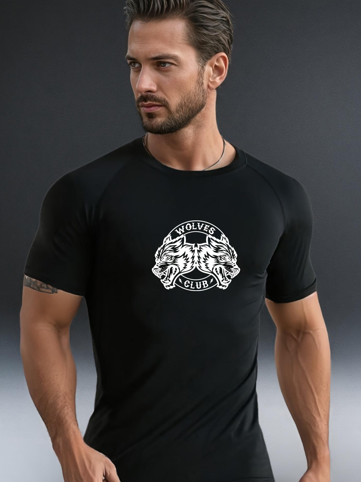 WOLVES Wolf Head Print Men's Crew Neck T-Shirt - Quick-drying, breathable, sweat-absorbing shirt, suitable for fitness, gym, and running, lightweight and comfortable, quick-drying short-sleeve moisture-wicking shirt for sports and fitness training