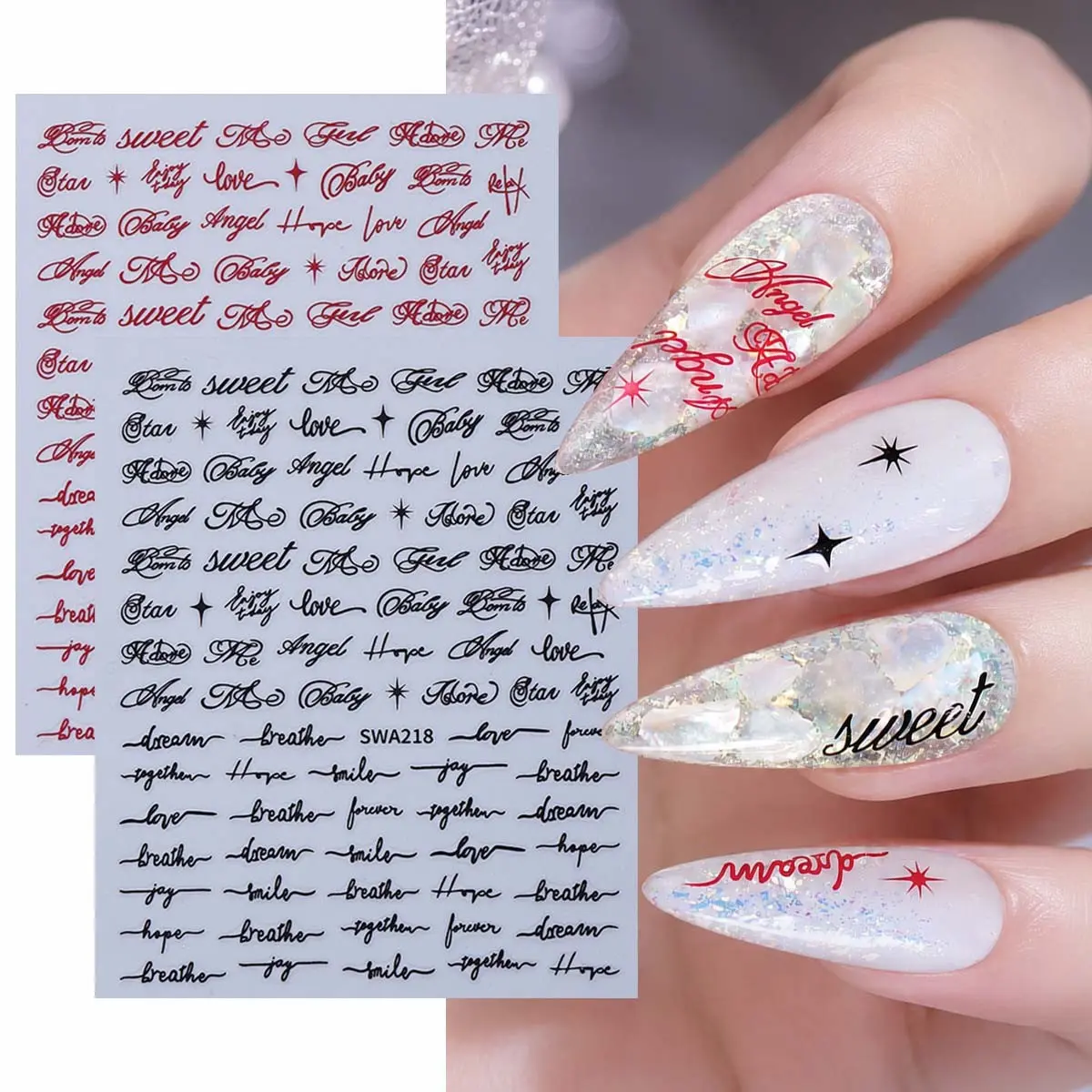 2 Sheets English Letters Nail Art Stickers, Artistic Text Elegant Simple Design Self-Adhesive DIY Nails Art Nail Decals, Perfect for Women and Girls' Manicure Decorations