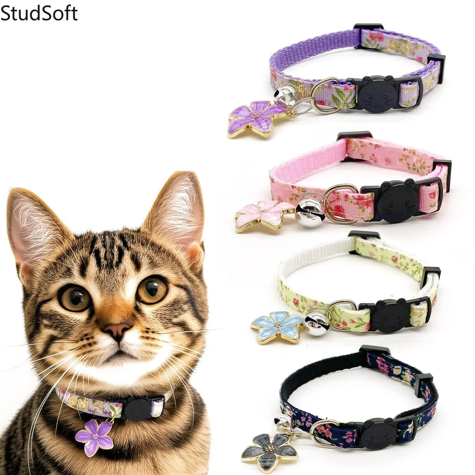 4Pcs Cat Collars with Bell Breakaway Cute Floral Kitten Collar Flower Pendant Safety Cat Neckstrap Adjustable Pet Accessories for Indoor Cats