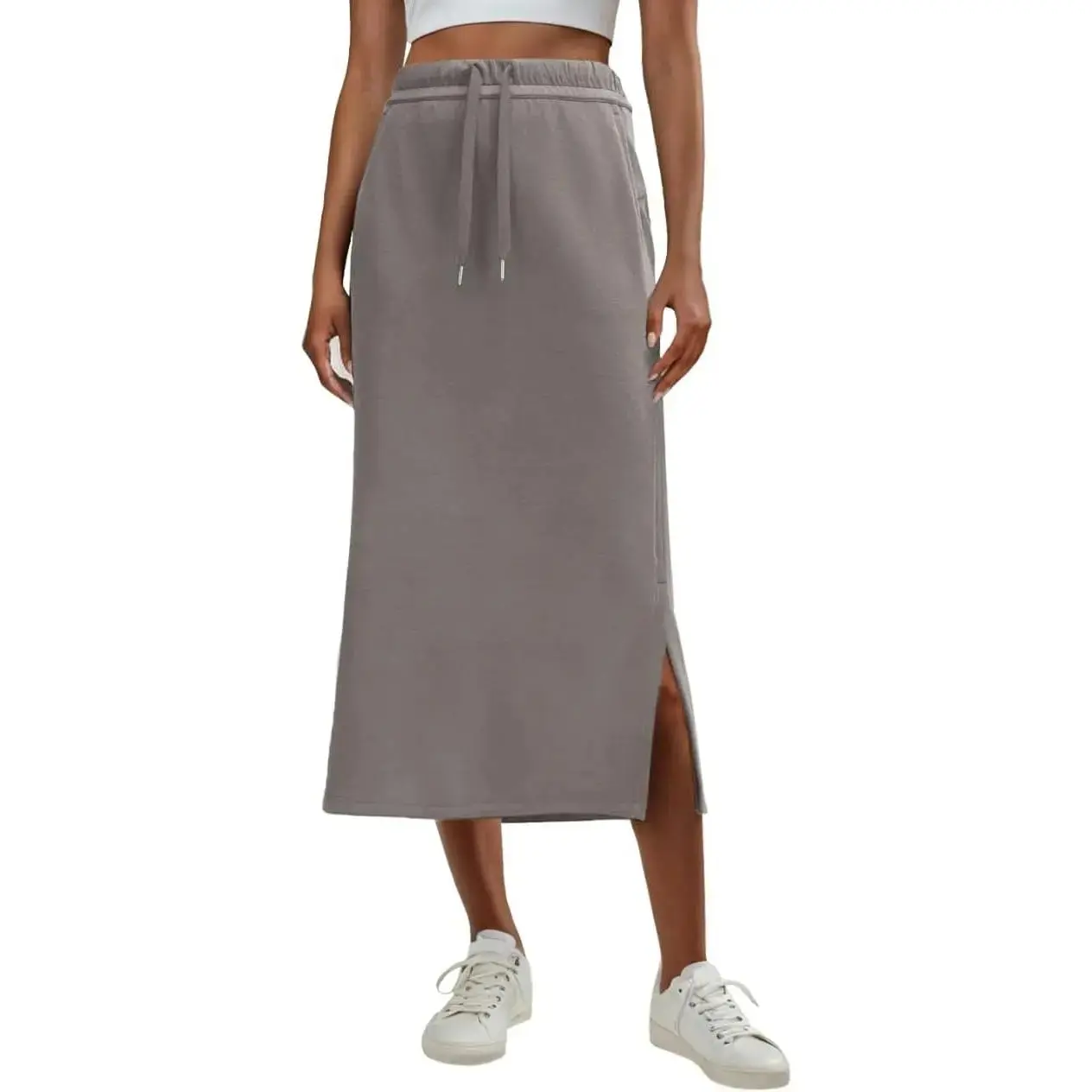 Casual Maxi Skirts for Womens High Waist Trendy Drawstring Side Slit Skirts with Pockets
