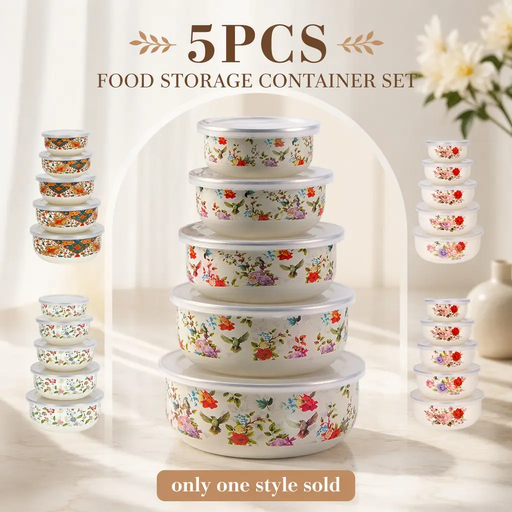5-Piece Vintage Enamel Storage Bowl Set, Sealed Food Containers, Durable Fruit Veg Bowls, Portable Salad Lunch Box, Kitchen, Fridge, Camping