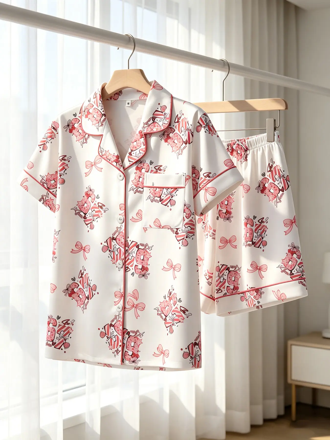 Women's Button-Down Short Sleeve Top & Shorts Pajama Set Pjs, White Strawberry Donut Bow Print, Pink Piping, Spring Summer Wear, Loose Slim Fit, Casual, Playful Girly Sweet Cute Dessert Print Loungewear