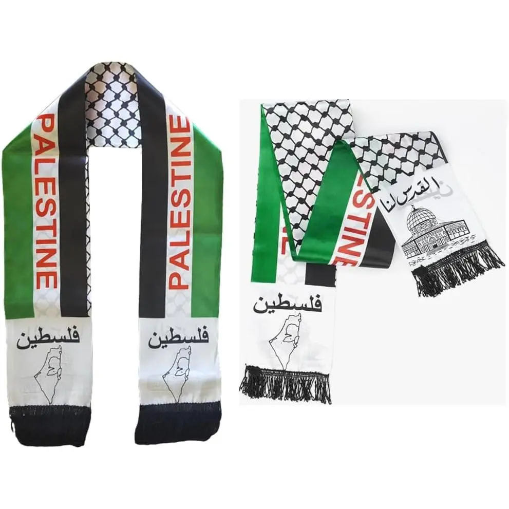Palestinian Flag Print Scarf 2-Pack, Lightweight Skinny Scarf with Silky Fabric, Printed Both Sides Arab Bandana, 6x53 Inch, Everyday Wear