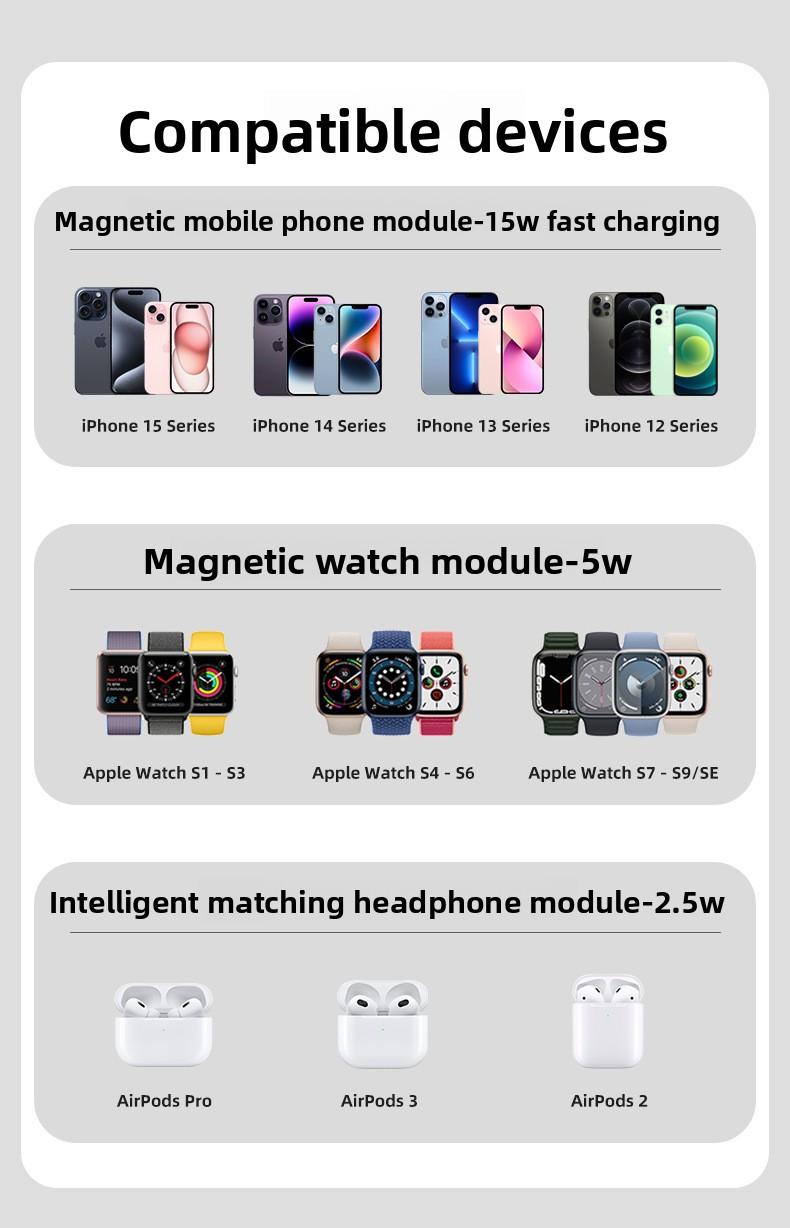 New foldable, retractable, magnetic 3-in-1 wireless charger suitable for Apple phone stand wireless charging