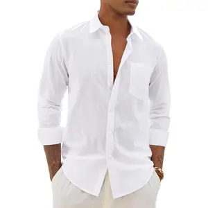 & Mens Cotton Linen Textured Shirt Long Sleeve Button Down Shirts Casual Summer Beach Wedding Tops with Pocket