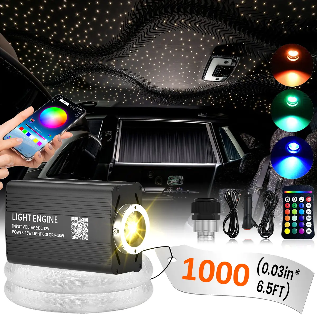 1000PCS LED Starlight Kit with Starry Sky Effect, 0.02in 6.5ft Fiber Optic Lights, Starlight Headliner, Celestial Theme Galaxy Novelty Lighting, Car Interior Accessories, Light Up Your Space for Car Roof Ceiling & Home Bedroom
