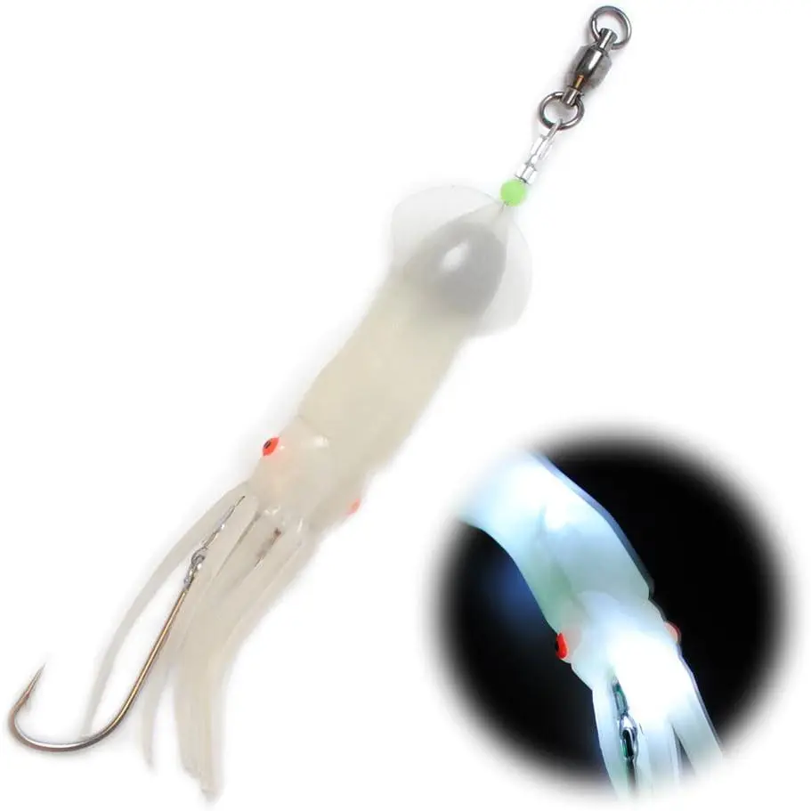 Saltwater Squid Fishing Lures, 6" LED Lighted Lures 6/0 Hooks Squid Jig  Halibut Lincod Jig Offshore Trolling Baits Deep Drop Light Glow in Dark Mackerel Tuna Striper Lures