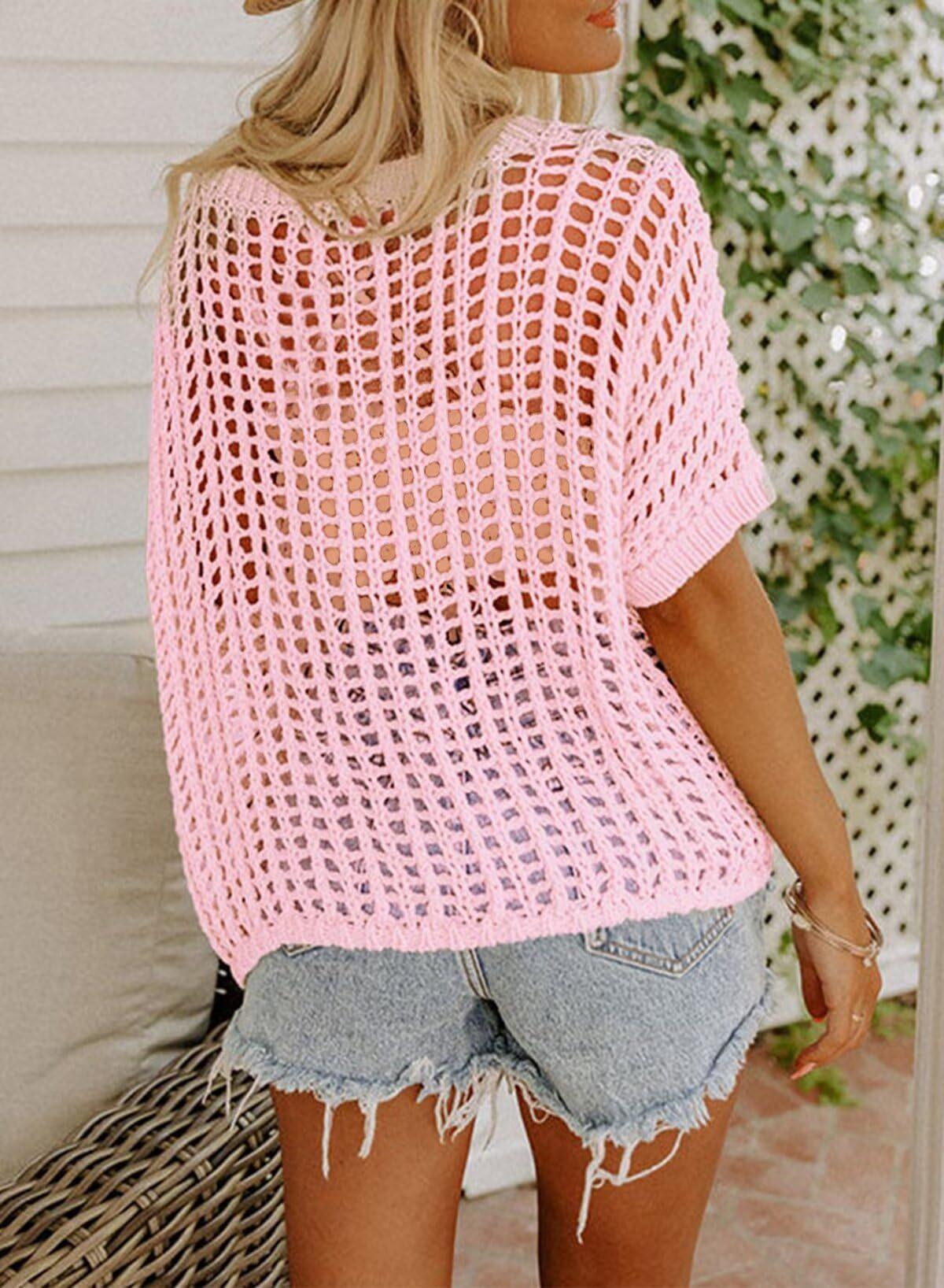 2026 summer five-quarter sleeve sexy hollow top pullover beach blouse knitted sweater women