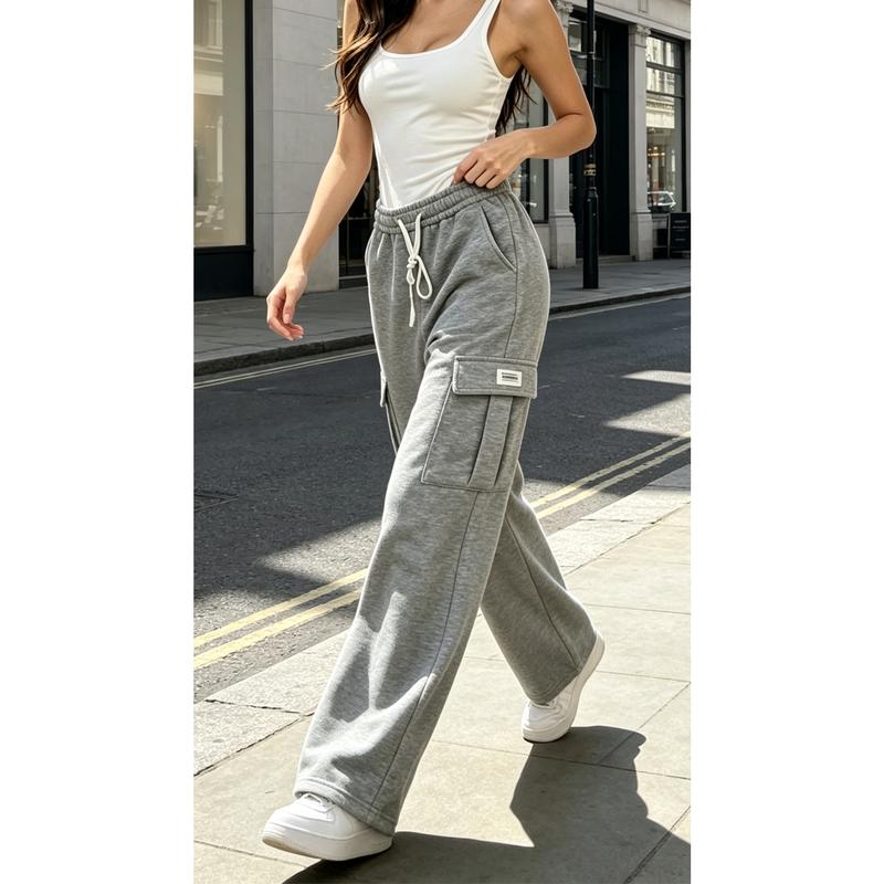 Women's Plush Work Pants, Side Work Pockets with Label Decoration, Flexible Drawstring Elastic Waistband, Comfortable Knit Jogging Pants, Suitable for Hip-hop Street Fashion Appearance