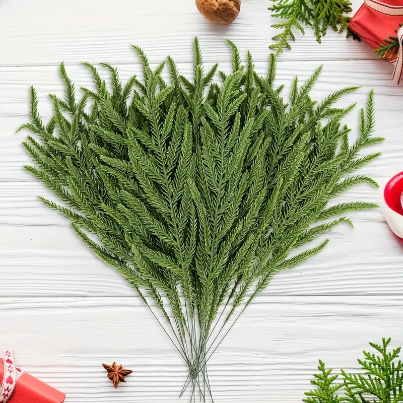 Thirteen Forks of 36pcs of Norfolk Pine Branch Stems - Realistic Evergreen Needles, Low-Maintenance Artificial Pine Branches, Evergreen Faux Plants for Holiday Decorations, Festive Centerpieces, Greenery, Artificial Greenery for Event Planners