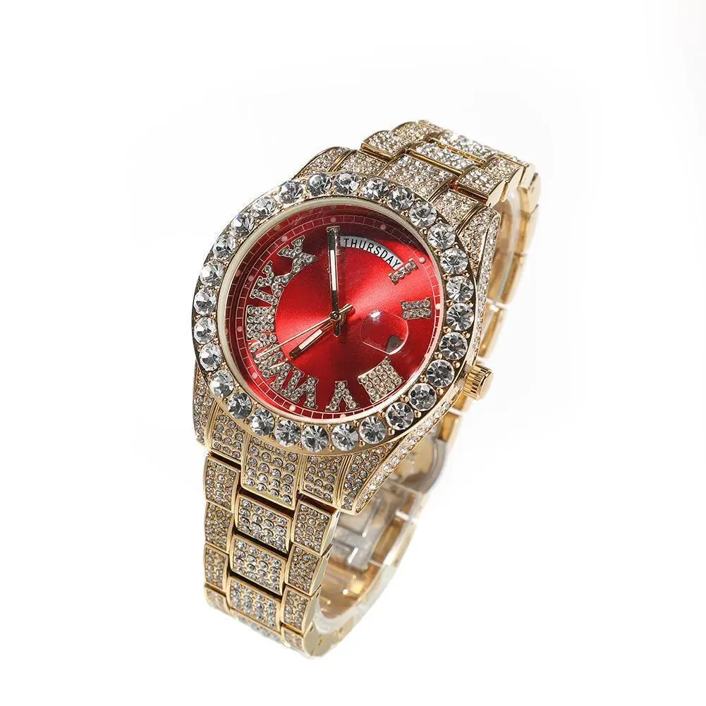 IH Iced Out Red Dial Day Date Watch Two Tone Roman Numeral 18K Gold Plated Natural Sri Lanka Zircon Hip Hop for Men Women Gift