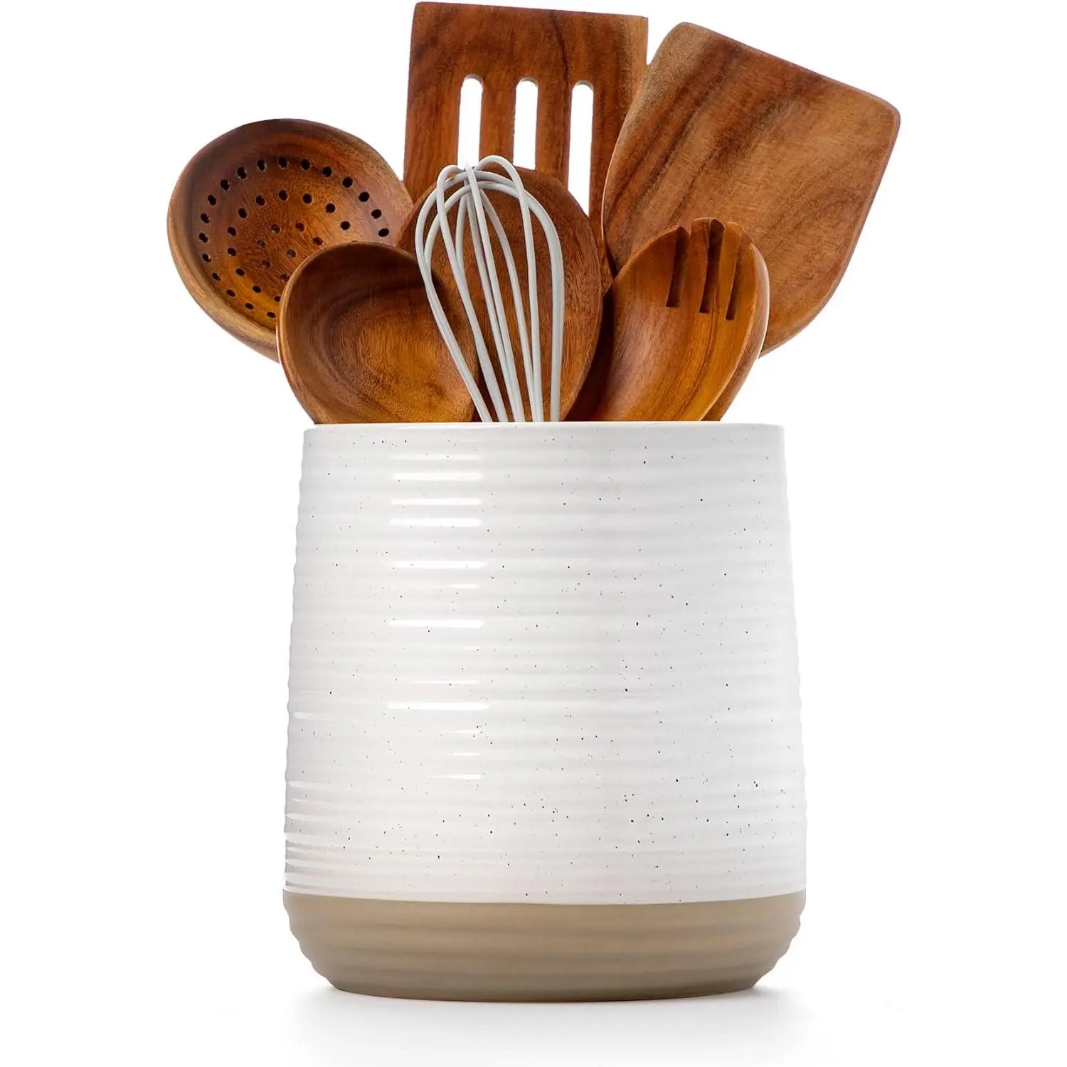 6.8" White Ceramic Cutlery Organizer - Modern Farmhouse Indoor Kitchen Counter Utensil Holder for Storing Spoons, Spatulas, Cooking Tools