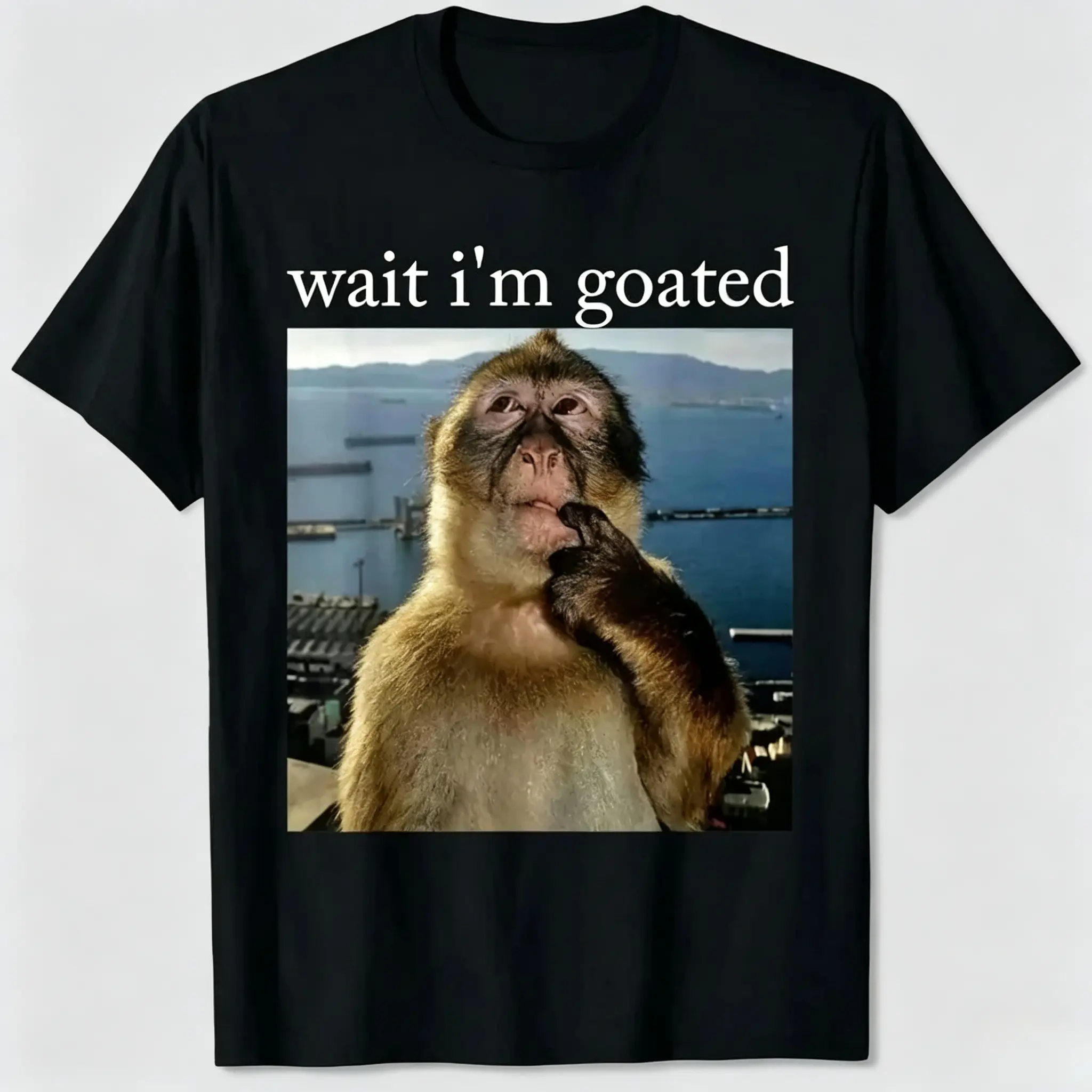 Men's Straight Fit Short-Sleeve Round Neck Casual Menswear Sports Top - High-Detail Wait I'm Goated Funny Thinking Monkey Meme Print, Brainrot Humor Streetwear Gift