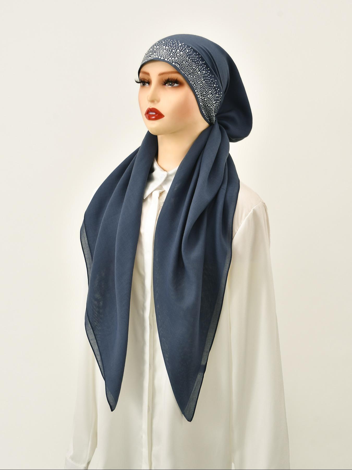 Women's Solid Color Rhinestone Decor Instant Hijab, Modest Fashion Breathable Hijab for Daily Wear, Women's Islamic Accessory for All Seasons, Turban Style Hijab
