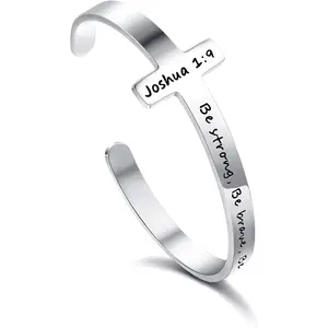 Inspirational Cross Bracelet for Women Stainless Steel Religious Cuff Bangle Bible Verse Bracelet Christian Jewelry Gifts for Women Mantra Quotes Engraved Bracelet