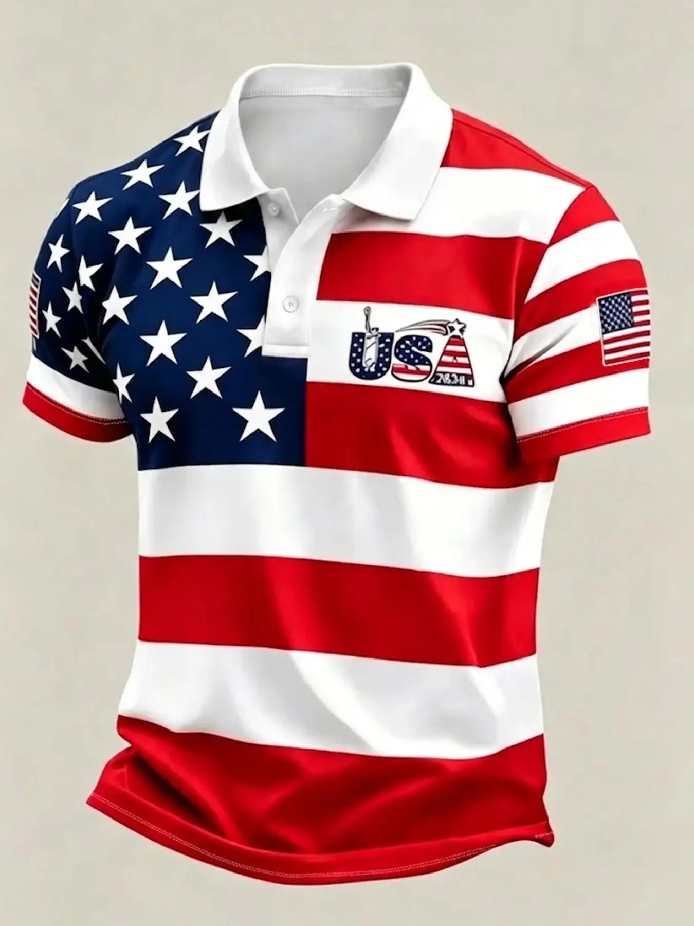 Men's USA Flag Color Block Short Sleeve Polo Shirt Top, Patriotic, Casual Streetwear, lightweight breathable stretch fabric, lapel collar two-button placket, split star stripe flag print with small sleeve flag patch, ideal for Independence Day gatherings