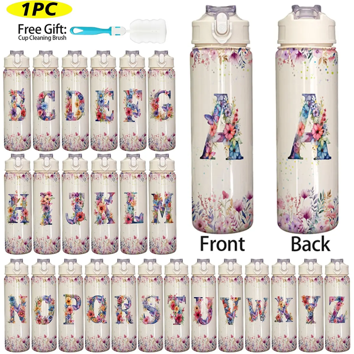 750ML Sport Water Bottle, Letter Floral Design Plastic Cup with Lid and Straw, Durable Reusable Student Cup, Straw & Handle, Perfect Gift for Family Friends, Plastic Bottles