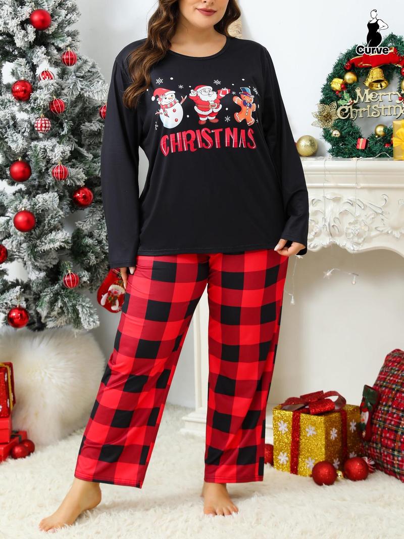 【Plus Size】 Two-Piece Set Letter & Christmas Print Pajama Set, Casual Comfy Round Neck Long Sleeve Top & Pants, Women's Sleepwear for Spring & Fall, Soft Lounge Sets