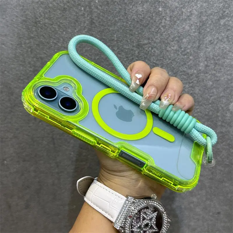 Candy Transparent Armor Bumper For Magsafe Case For iPhone 13 14 15 Plus 16 17 18 Pro Max Magnetic Wrist Strap Bracelet Cover