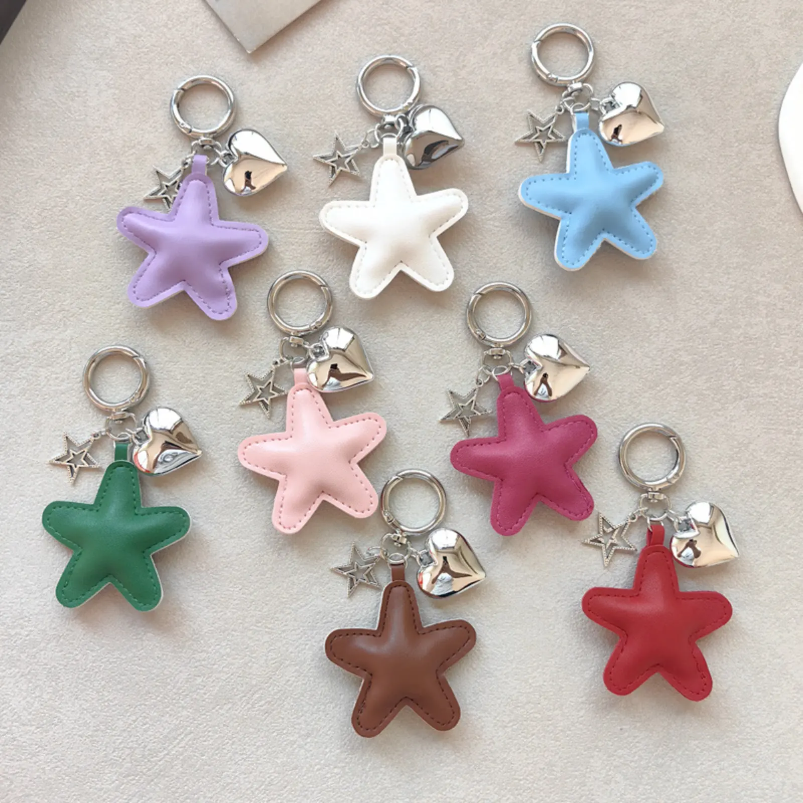 PU Star-Heart Keychain, Minimalist Chic Padded Leather-Alloy Pendant, Small Size Spring Snap Key Ring, Camping & Hiking Hammock Bag Charm for Backpack Earphone Case Decor