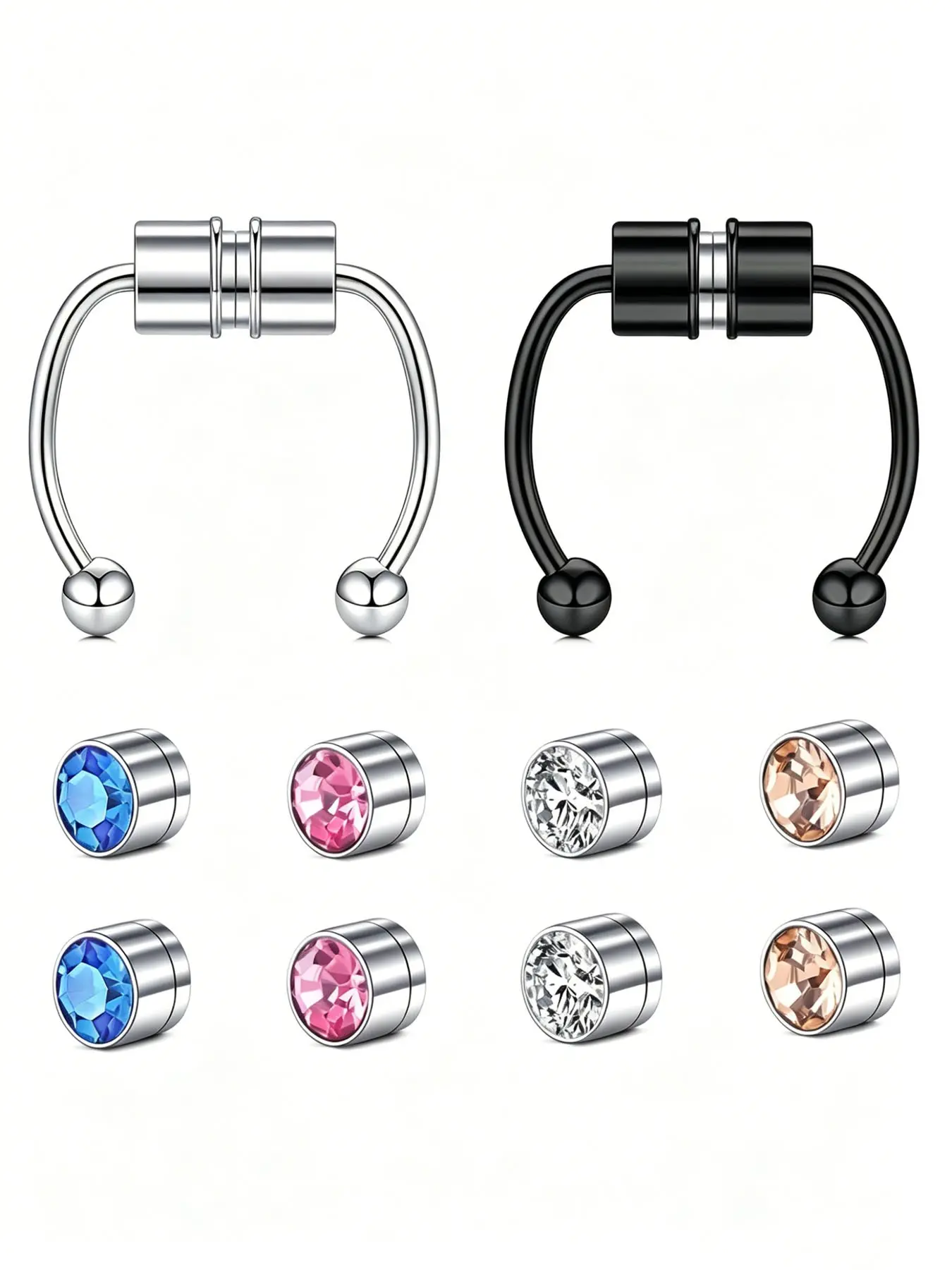 316L Stainless Steel Magnetic Septum Nose Ring Set, No Piercing Required Multi-Color CZ Magnet Fake Nose Piercings Nose Hoop Nose Rings Studs, Hypoallergenic Reusable Non-Pierced Nostril Ear Cartilage Body Piercing Jewelry for Women Men