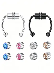 316L Stainless Steel Magnetic Septum Nose Ring Set, No Piercing Required Multi-Color CZ Magnet Fake Nose Hoop, Hypoallergenic Reusable Non-Pierced Nostril Ear Cartilage Body Piercing Jewelry for Women Men