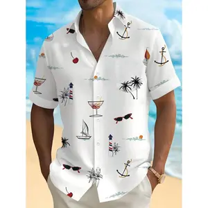 Men's White Nautical Print Short Sleeve Button Down Shirt Casual Summer Beach Hawaiian Sailboat Anchor Cocktail Print Shirt for Men