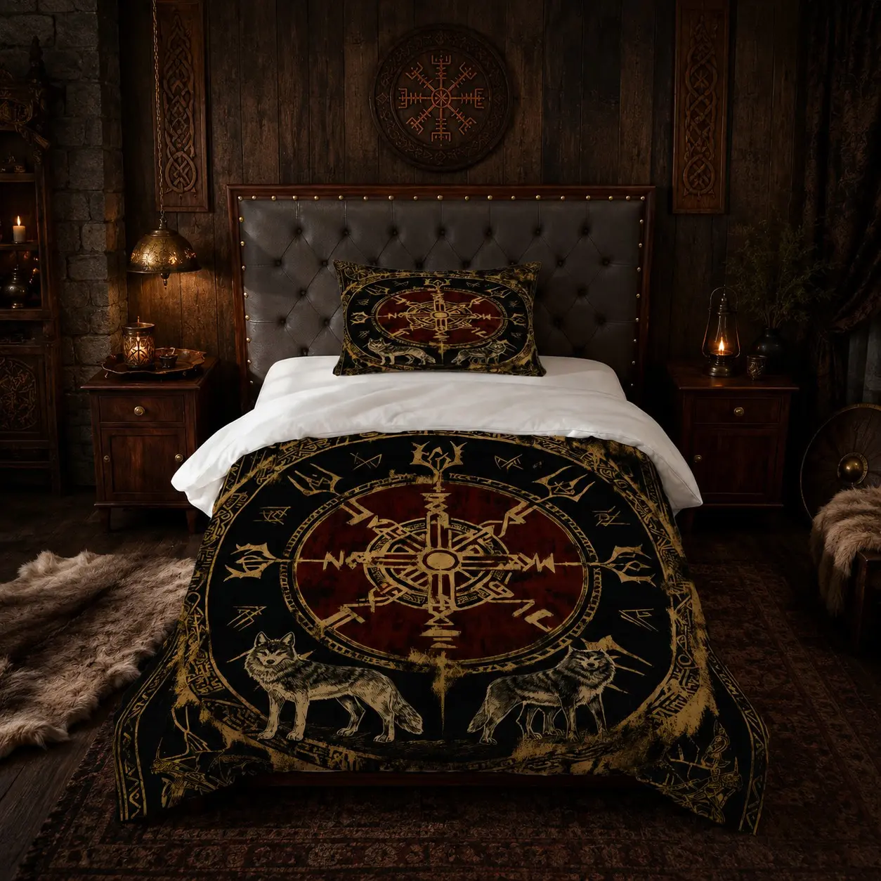 Vintage Worn Nordic Viking Rune Duvet Cover Set, 2/3Pcs (1 Duvet Cover + 1/2 Pillowcases, No Inserts), For Teens & Adults, Dark Atmosphere Bedding For Dorms, Hotels & Homestays, All Season Use