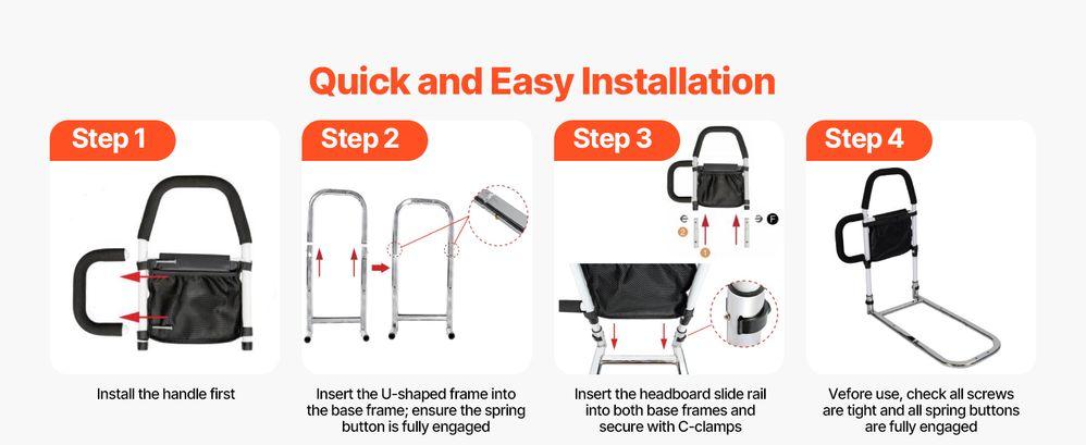 Bed Rail for Elderly, Bedside Assist Rails with Side Handle and PU Handrail, Adjustable Height Carbon Steel Pipe Bedside Cane, Bed Bars for Seniors & Patients, Fits King, Queen, Full, Twin